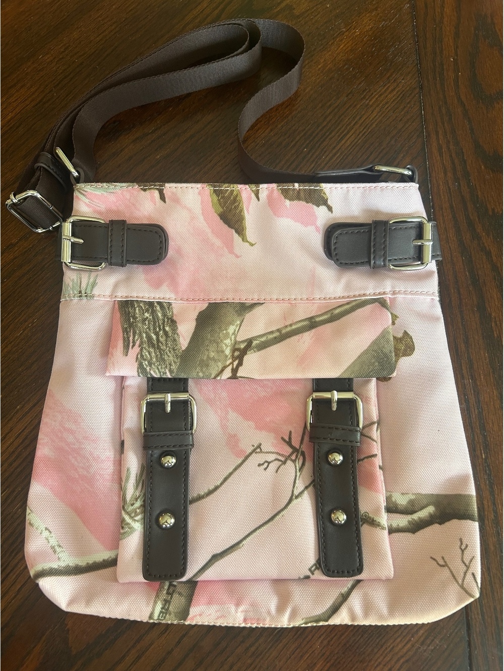 Pink and Brown Realtree Canvas Crossbody Bag with Buckle Details